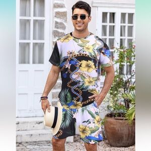 COOFANDY Men's 2 Piece Hawaiian T-Shirt Beach Floral Shorts Tracksuit‎ | NEW!!🌺